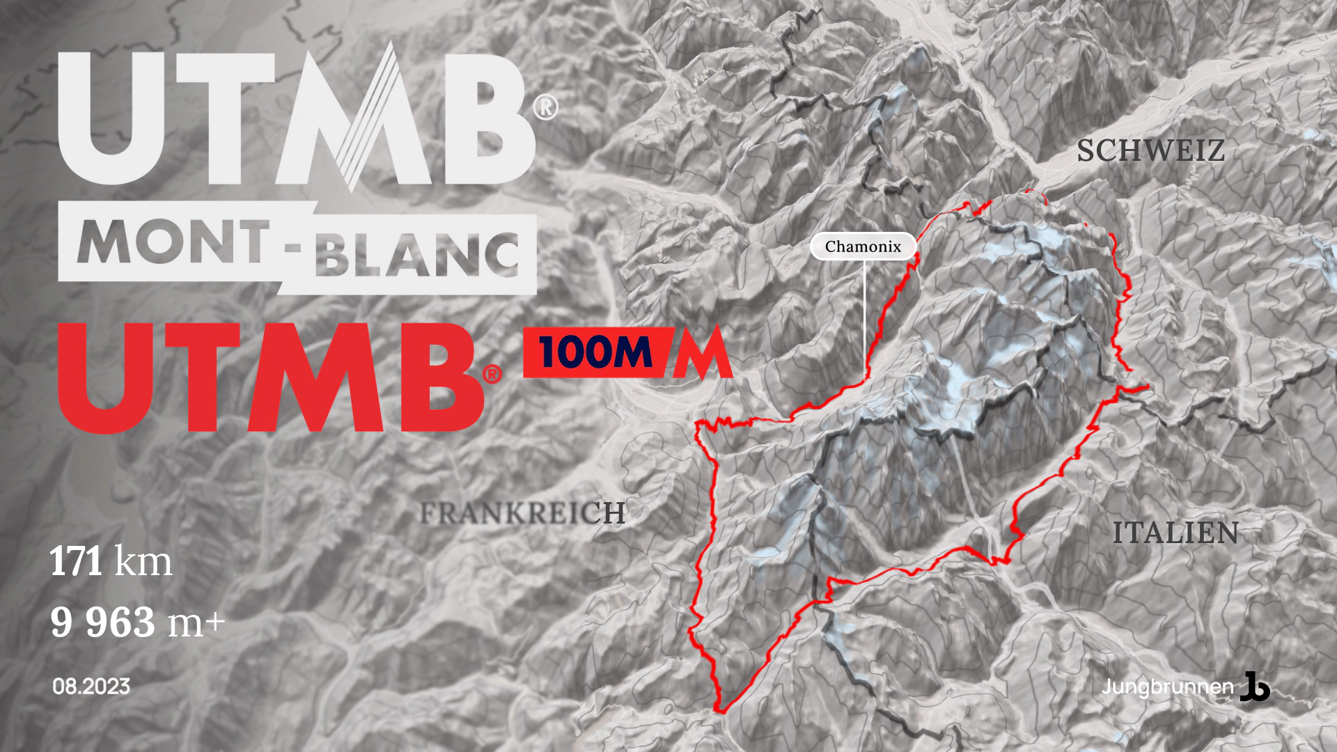 3D Karte welche die Route des Ultra Trail du Mont Blanc 2023 zeigt